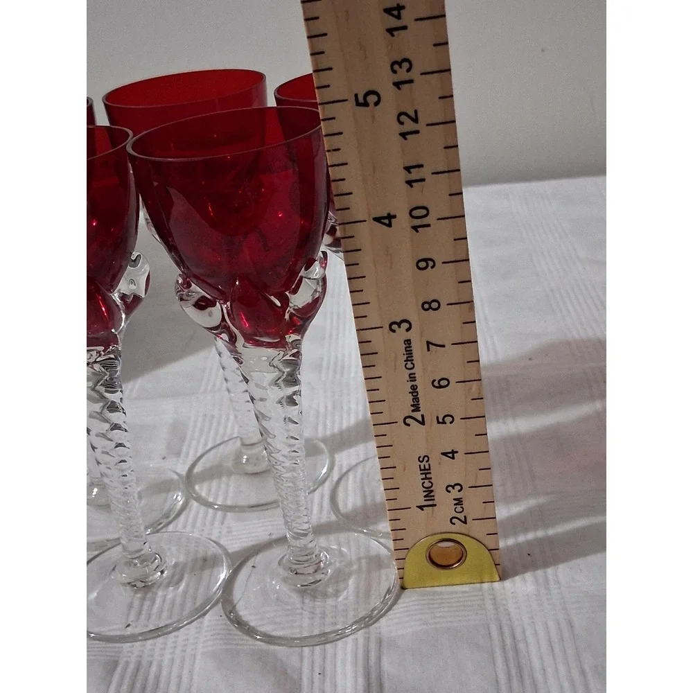 Vintage Ruby Red Glass Wine Goblets Clear Twisted Stem Set of 5 5.25in - Picture 4 of 5